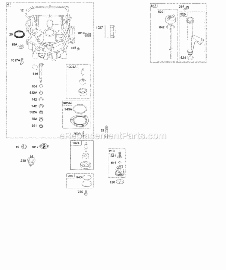 Engine Sump Oil Pump DipstickTube Assembly Diagram and Parts List for 401577-0134-B1  Briggs and Stratton Engine